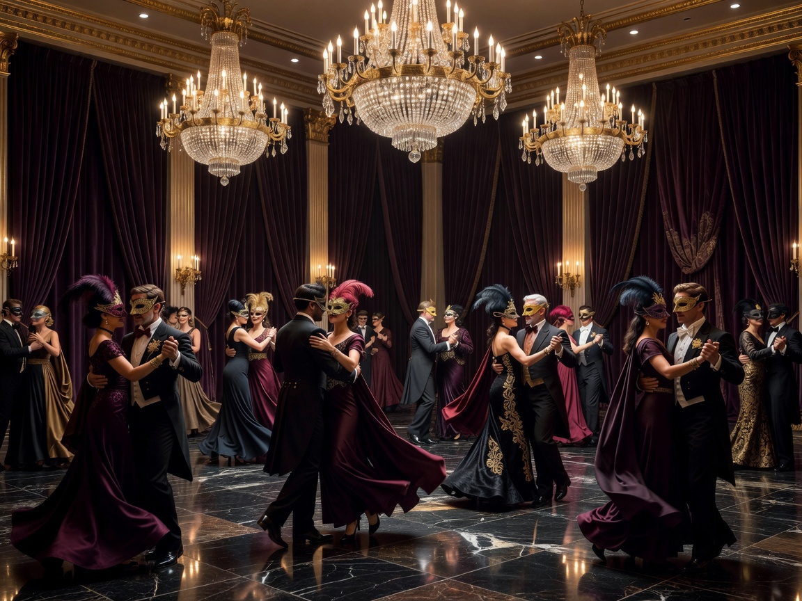 Elegant masquerade ballroom with dark plum velvet and gold chandeliers