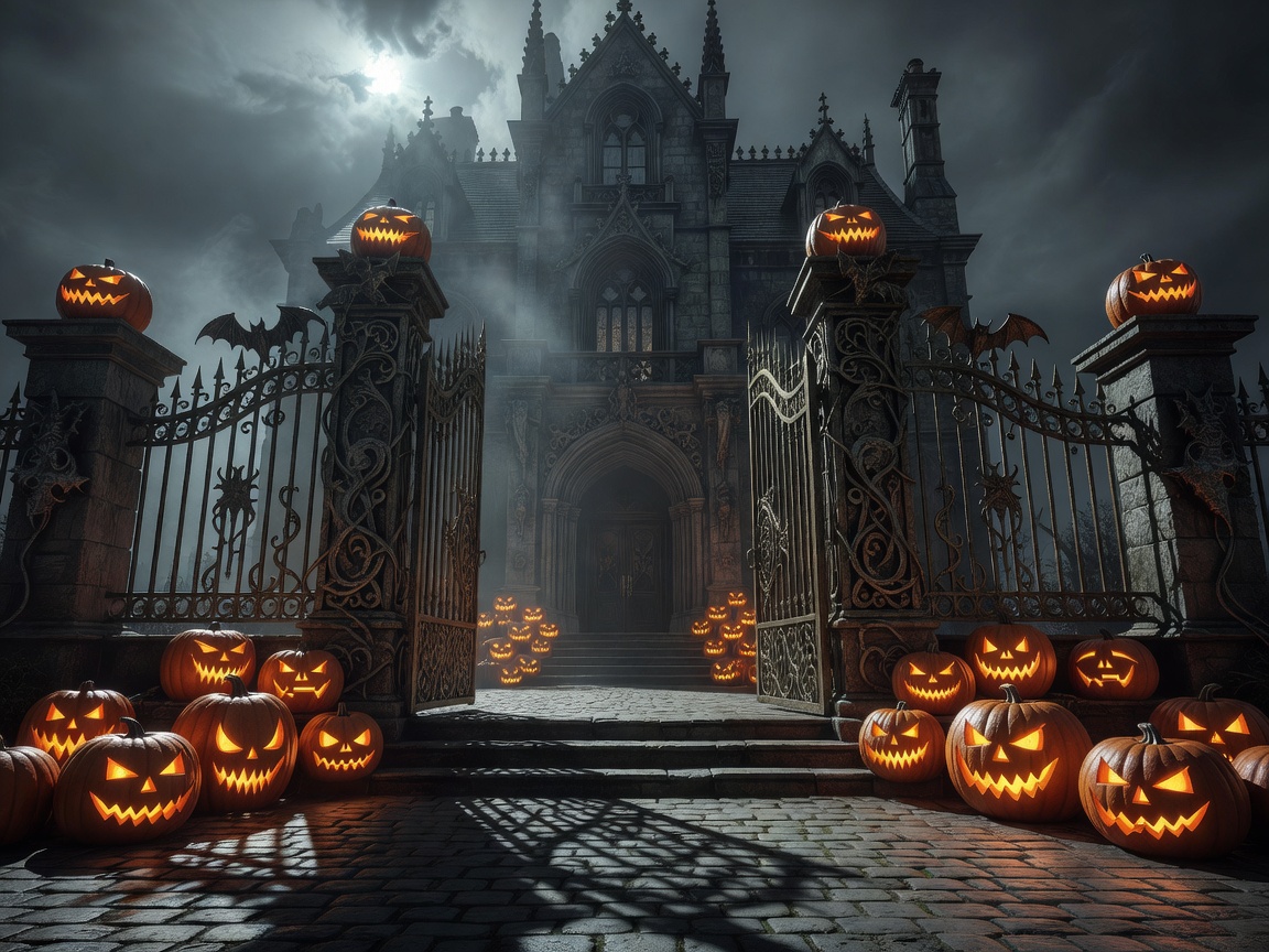 Luxury Halloween manor entrance at night with iron gates and glowing pumpkins