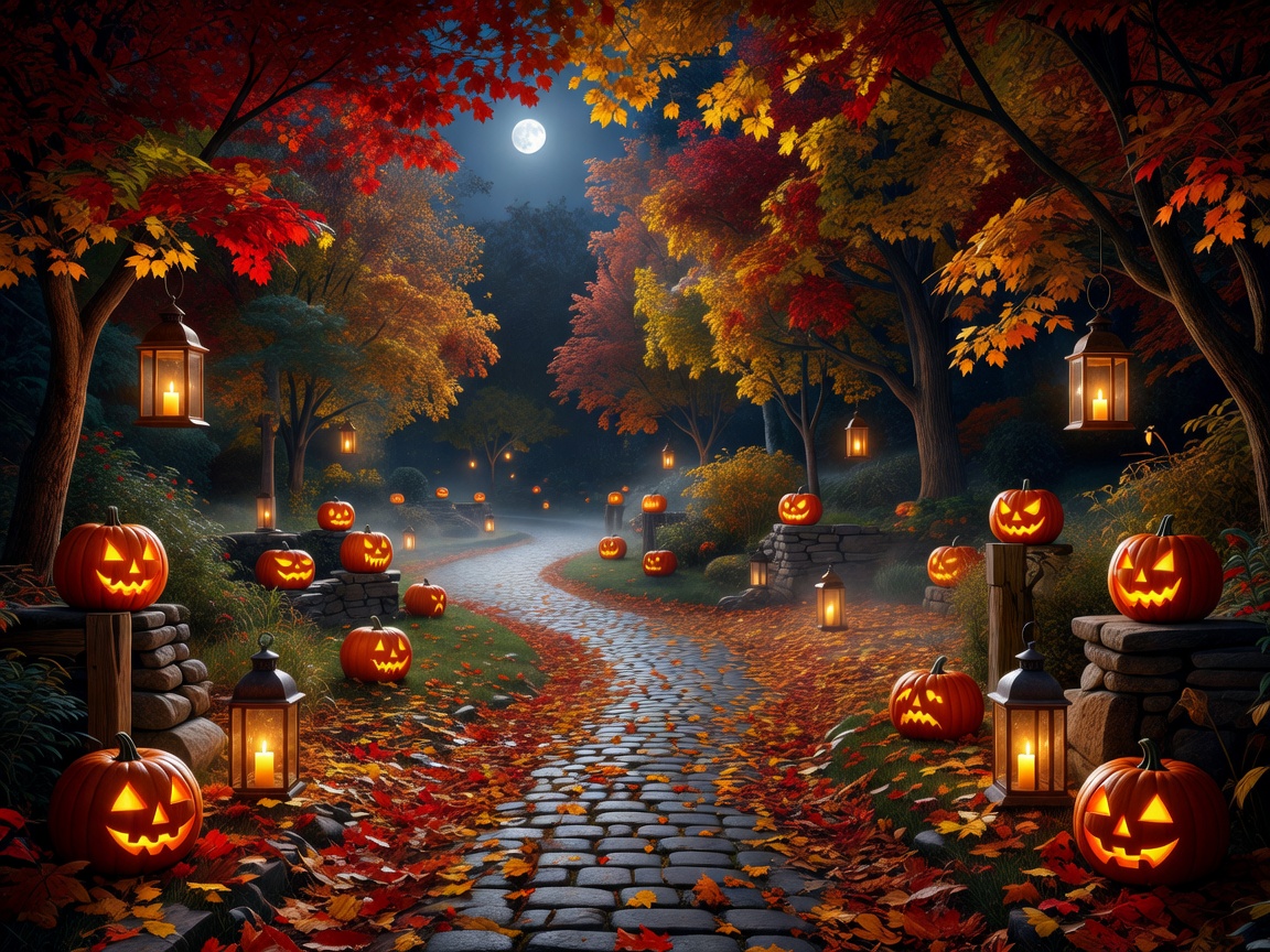 Moonlit autumn garden path with carved pumpkins and lanterns